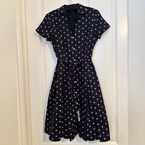 Brooks Brothers Navy Midi Shirt Dress with White Geometric Print. Size 4 NWT